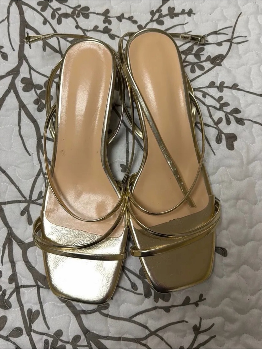 SHEIN Metallic Gold Strappy Square-Toe Slingback Heels